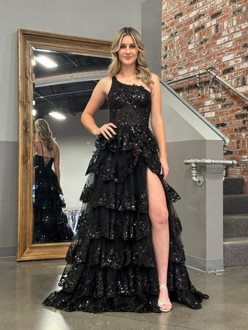 Sheath One Shoulder Tiered Lace Long Prom Dress
