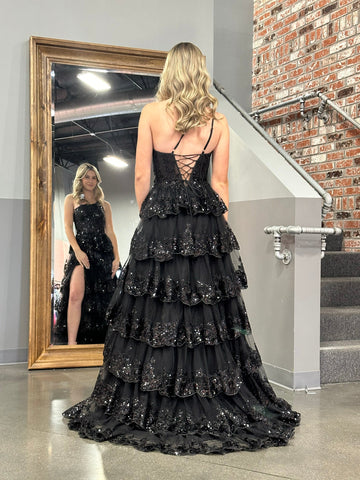 Sheath One Shoulder Tiered Lace Long Prom Dress
