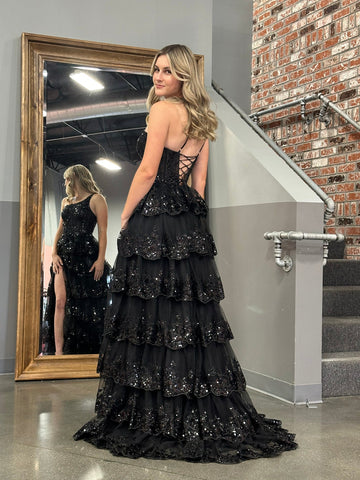 Sheath One Shoulder Tiered Lace Long Prom Dress