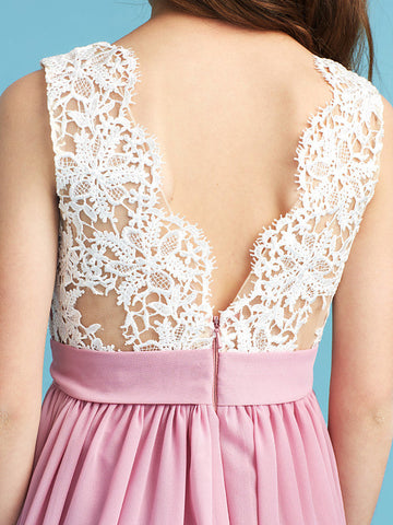 Langes A-Linien-Chiffon-Blumenmädchenkleid aus Spitze für Junior-Brautjungfern
