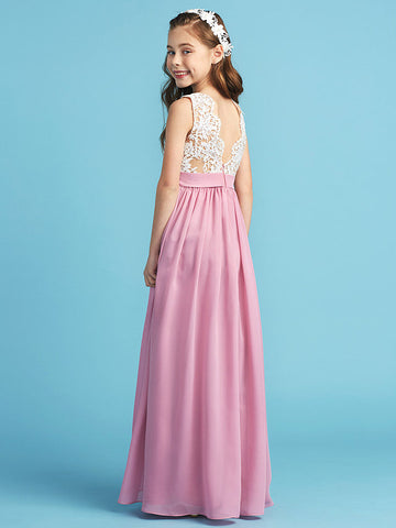 Langes A-Linien-Chiffon-Blumenmädchenkleid aus Spitze für Junior-Brautjungfern