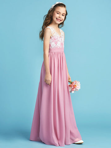 Langes A-Linien-Chiffon-Blumenmädchenkleid aus Spitze für Junior-Brautjungfern