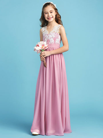 Langes A-Linien-Chiffon-Blumenmädchenkleid aus Spitze für Junior-Brautjungfern
