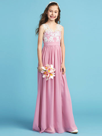 Langes A-Linien-Chiffon-Blumenmädchenkleid aus Spitze für Junior-Brautjungfern