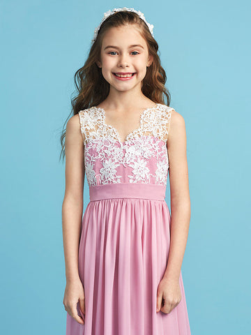 Langes A-Linien-Chiffon-Blumenmädchenkleid aus Spitze für Junior-Brautjungfern