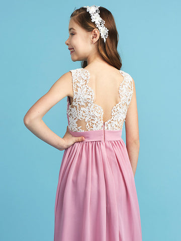 Langes A-Linien-Chiffon-Blumenmädchenkleid aus Spitze für Junior-Brautjungfern