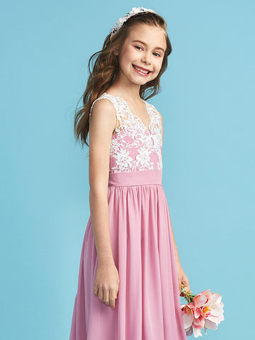 Langes A-Linien-Chiffon-Blumenmädchenkleid aus Spitze für Junior-Brautjungfern
