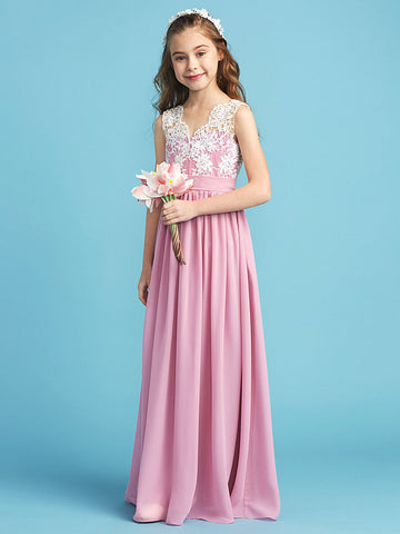 Langes A-Linien-Chiffon-Blumenmädchenkleid aus Spitze für Junior-Brautjungfern