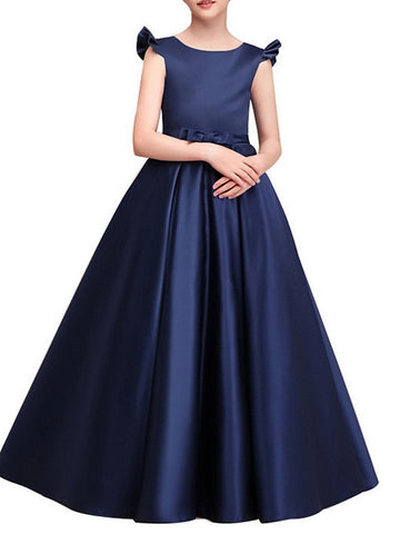 Langes A-Linien-Kleid aus Satin mit Flügelärmeln und Rundhalsausschnitt, Festzugskleid für Blumenmädchen