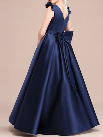Langes A-Linien-Kleid aus Satin mit Flügelärmeln und Rundhalsausschnitt, Festzugskleid für Blumenmädchen