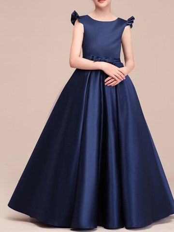 Langes A-Linien-Kleid aus Satin mit Flügelärmeln und Rundhalsausschnitt, Festzugskleid für Blumenmädchen