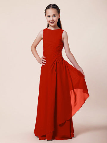 Langes A-Linien-Etuikleid für Blumenmädchen, U-Boot-Ausschnitt, Chiffon, Junior-Brautjungfernkleid