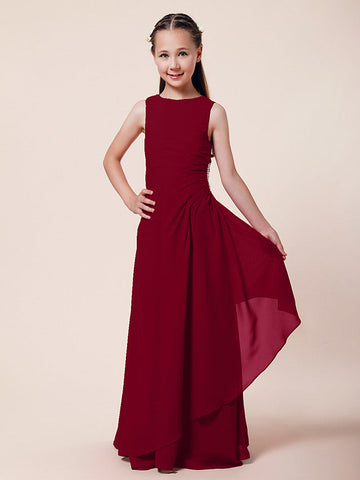 Langes A-Linien-Etuikleid für Blumenmädchen, U-Boot-Ausschnitt, Chiffon, Junior-Brautjungfernkleid