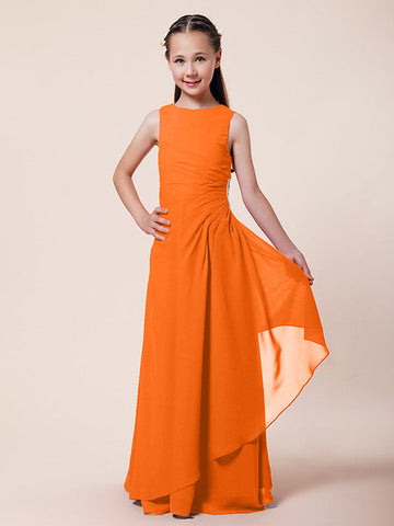 Langes A-Linien-Etuikleid für Blumenmädchen, U-Boot-Ausschnitt, Chiffon, Junior-Brautjungfernkleid