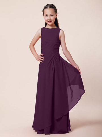 Langes A-Linien-Etuikleid für Blumenmädchen, U-Boot-Ausschnitt, Chiffon, Junior-Brautjungfernkleid