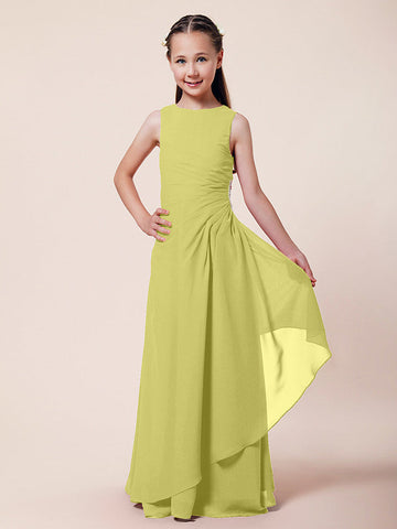 Langes A-Linien-Etuikleid für Blumenmädchen, U-Boot-Ausschnitt, Chiffon, Junior-Brautjungfernkleid
