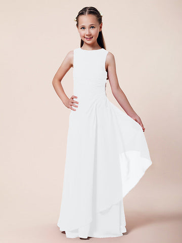 Langes A-Linien-Etuikleid für Blumenmädchen, U-Boot-Ausschnitt, Chiffon, Junior-Brautjungfernkleid