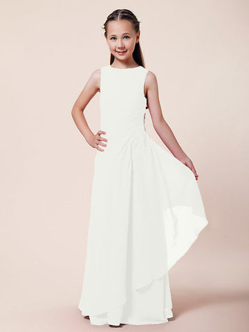 Langes A-Linien-Etuikleid für Blumenmädchen, U-Boot-Ausschnitt, Chiffon, Junior-Brautjungfernkleid