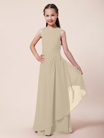 Langes A-Linien-Etuikleid für Blumenmädchen, U-Boot-Ausschnitt, Chiffon, Junior-Brautjungfernkleid