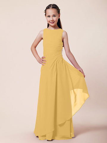 Langes A-Linien-Etuikleid für Blumenmädchen, U-Boot-Ausschnitt, Chiffon, Junior-Brautjungfernkleid