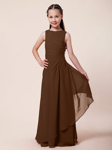 Langes A-Linien-Etuikleid für Blumenmädchen, U-Boot-Ausschnitt, Chiffon, Junior-Brautjungfernkleid