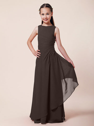Langes A-Linien-Etuikleid für Blumenmädchen, U-Boot-Ausschnitt, Chiffon, Junior-Brautjungfernkleid