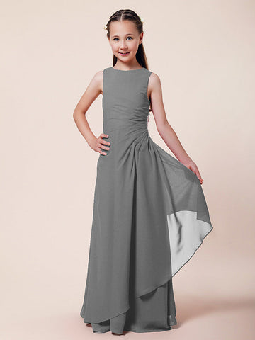 Langes A-Linien-Etuikleid für Blumenmädchen, U-Boot-Ausschnitt, Chiffon, Junior-Brautjungfernkleid