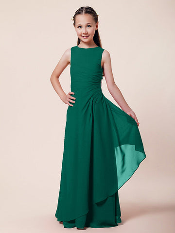 Langes A-Linien-Etuikleid für Blumenmädchen, U-Boot-Ausschnitt, Chiffon, Junior-Brautjungfernkleid
