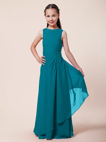 Langes A-Linien-Etuikleid für Blumenmädchen, U-Boot-Ausschnitt, Chiffon, Junior-Brautjungfernkleid