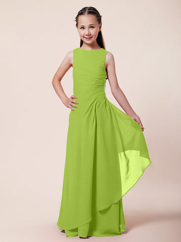 Langes A-Linien-Etuikleid für Blumenmädchen, U-Boot-Ausschnitt, Chiffon, Junior-Brautjungfernkleid