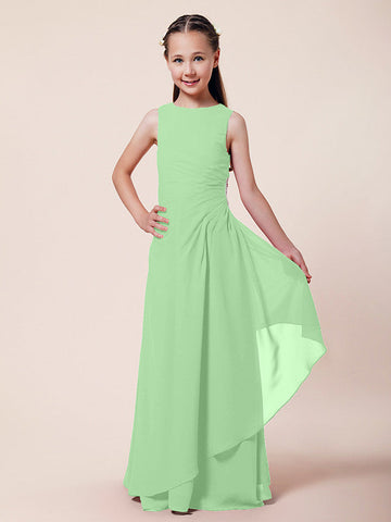 Langes A-Linien-Etuikleid für Blumenmädchen, U-Boot-Ausschnitt, Chiffon, Junior-Brautjungfernkleid
