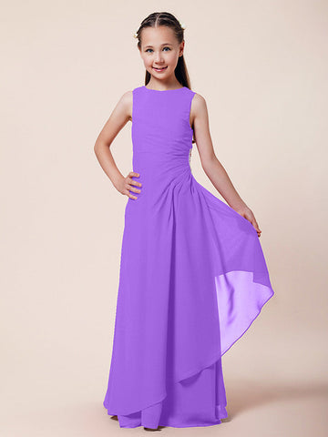 Langes A-Linien-Etuikleid für Blumenmädchen, U-Boot-Ausschnitt, Chiffon, Junior-Brautjungfernkleid