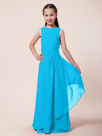 Langes A-Linien-Etuikleid für Blumenmädchen, U-Boot-Ausschnitt, Chiffon, Junior-Brautjungfernkleid