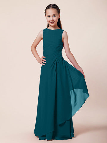 Langes A-Linien-Etuikleid für Blumenmädchen, U-Boot-Ausschnitt, Chiffon, Junior-Brautjungfernkleid
