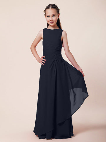 Langes A-Linien-Etuikleid für Blumenmädchen, U-Boot-Ausschnitt, Chiffon, Junior-Brautjungfernkleid