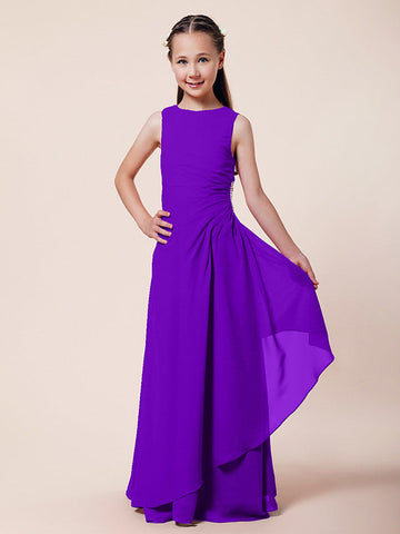 Langes A-Linien-Etuikleid für Blumenmädchen, U-Boot-Ausschnitt, Chiffon, Junior-Brautjungfernkleid