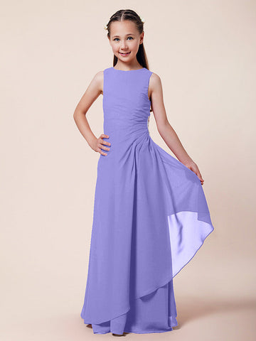 Langes A-Linien-Etuikleid für Blumenmädchen, U-Boot-Ausschnitt, Chiffon, Junior-Brautjungfernkleid