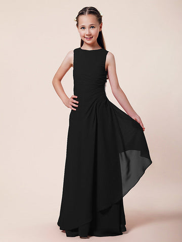 Langes A-Linien-Etuikleid für Blumenmädchen, U-Boot-Ausschnitt, Chiffon, Junior-Brautjungfernkleid