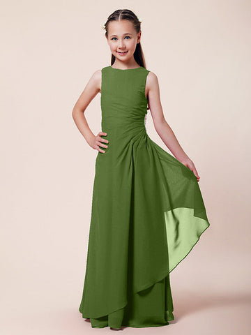 Langes A-Linien-Etuikleid für Blumenmädchen, U-Boot-Ausschnitt, Chiffon, Junior-Brautjungfernkleid