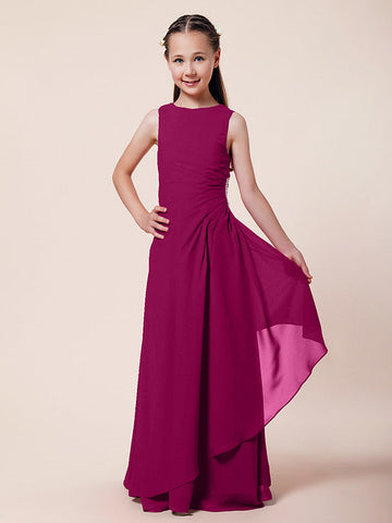 Langes A-Linien-Etuikleid für Blumenmädchen, U-Boot-Ausschnitt, Chiffon, Junior-Brautjungfernkleid