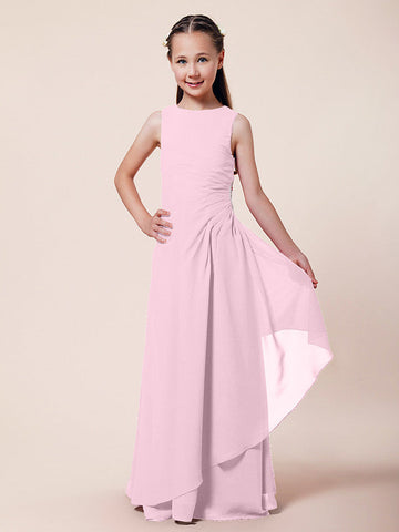 Langes A-Linien-Etuikleid für Blumenmädchen, U-Boot-Ausschnitt, Chiffon, Junior-Brautjungfernkleid
