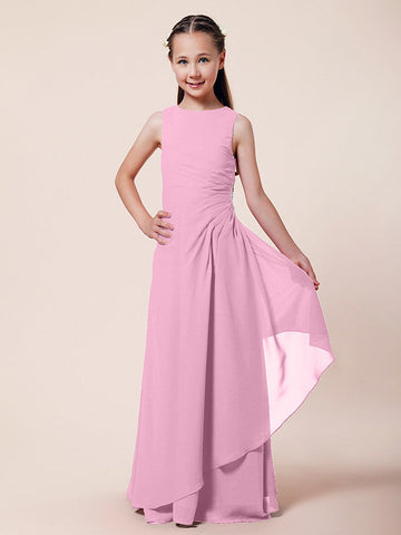 Langes A-Linien-Etuikleid für Blumenmädchen, U-Boot-Ausschnitt, Chiffon, Junior-Brautjungfernkleid