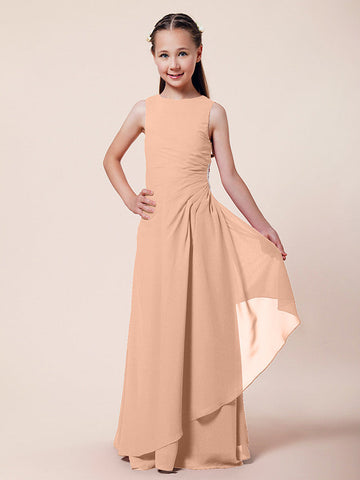 Langes A-Linien-Etuikleid für Blumenmädchen, U-Boot-Ausschnitt, Chiffon, Junior-Brautjungfernkleid