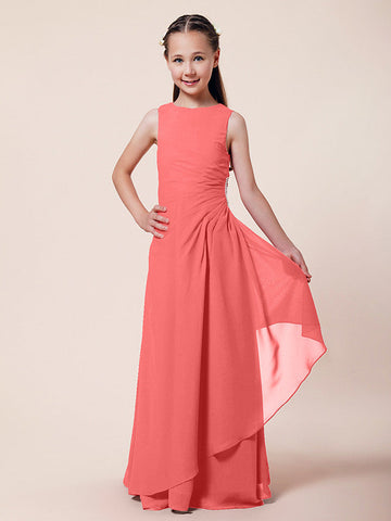 Langes A-Linien-Etuikleid für Blumenmädchen, U-Boot-Ausschnitt, Chiffon, Junior-Brautjungfernkleid