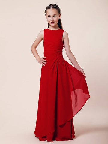Langes A-Linien-Etuikleid für Blumenmädchen, U-Boot-Ausschnitt, Chiffon, Junior-Brautjungfernkleid