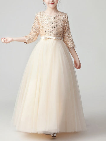 Long A-Line Tulle Jewel Neck Pageant Flower Girl Dresses With Sleeves
