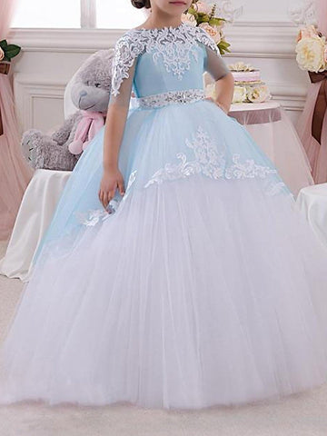 Langes Ballkleid mit Rundhalsausschnitt, Tüllspitze, Festzugskleid für Blumenmädchen mit Ärmeln