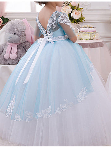 Langes Ballkleid mit Rundhalsausschnitt, Tüllspitze, Festzugskleid für Blumenmädchen mit Ärmeln