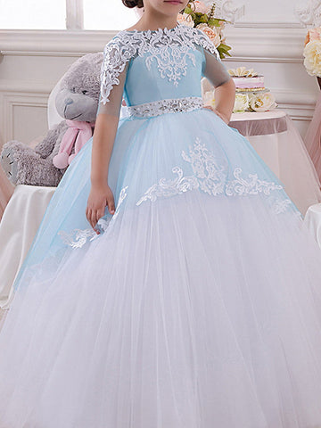 Langes Ballkleid mit Rundhalsausschnitt, Tüllspitze, Festzugskleid für Blumenmädchen mit Ärmeln