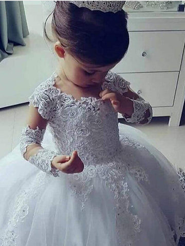 Langes Ballkleid aus Spitze mit Rundhalsausschnitt, Hochzeits-Blumenmädchenkleid mit Ärmeln